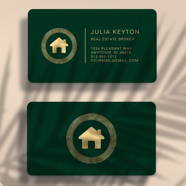 Real Estate House Logo Green Gold Rounded Visitkort (Skapare uppladdad)