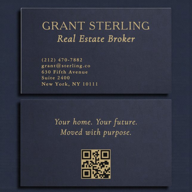Real Estate Navy Blue Gold Slate Stone QR Code  Visitkort (Skapare uppladdad)