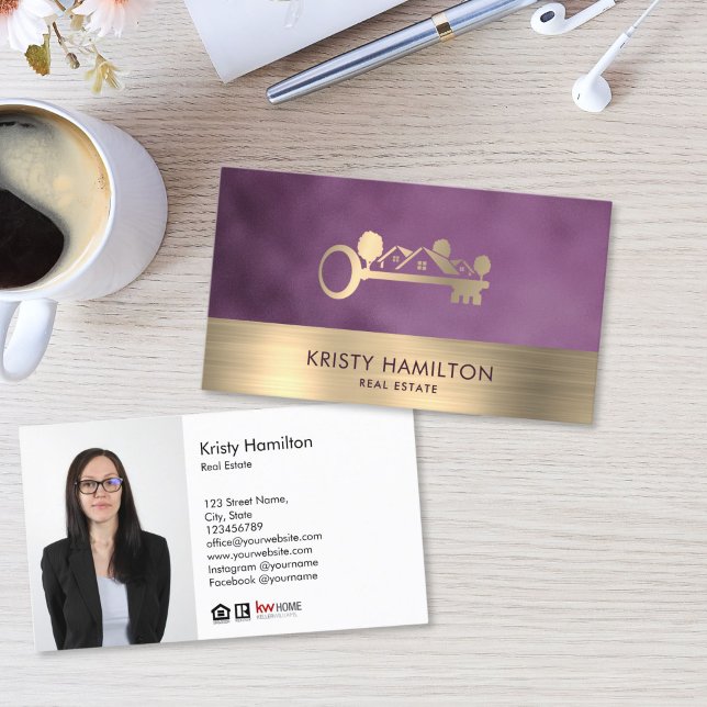 real estate professional realtor key add photo bus visitkort (gold key and houses logo real estate business card with purple background)