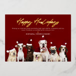 REAL FOIL Guld Lycklig Howlidays Cute Jul Hundar<br><div class="desc">Den här söta julkortet "Lycklig Howlidays" har ett festligt stativ av hundar i Santa Hats, skapar det perfekten för att sprida helgdag cheer med en lekfull, sällskapsvänlig tvist. Den röda bakgrunden i riken förbättrar helgdag, medan det riktiga guld-fotskriptet i snyggt, det lilla guld-folie-hjärtat och personligens meddelande ger en hjärtfull beröring....</div>