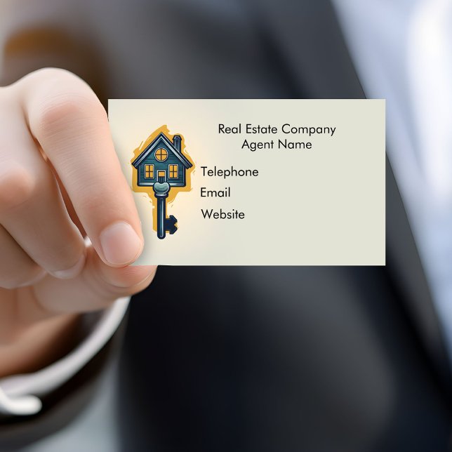 Real Gods Agent Visitkort (A hand holds a real estate agent's business card.)