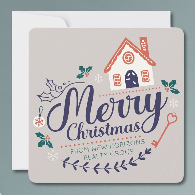 Real Gods Business Promotive Modern jul Julkort (Real Estate Agent Company Business Christmas Card modern wreath design with house elements custom)