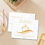 Real Gods Company Guld House Logotyp Anpassningsba Vykort<br><div class="desc">Den här chicen äkta gods-företagets vykort är anpassningsbar som gjorts med ditt realbolag och agent namn. De här vykorten för elegant guld har ett söt hus med väder och väder på kurvor under en professionell konferens. Anpassa det här moderna företaget marknadsföring-objektet med egna uppgifter.</div>