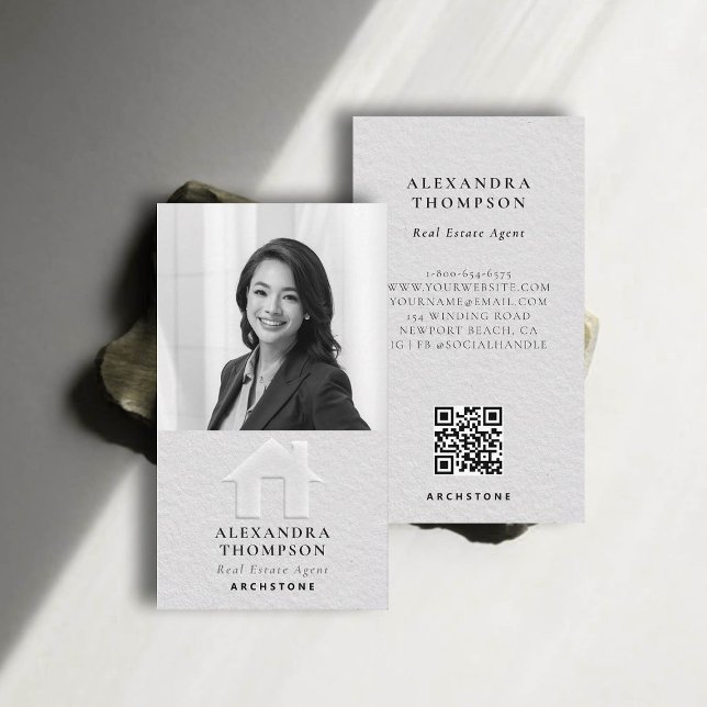 Real Gods Faux Embossed Black White Classy Photo Visitkort (real estate professional business card photo qr code black white modern elegant faux embossed)