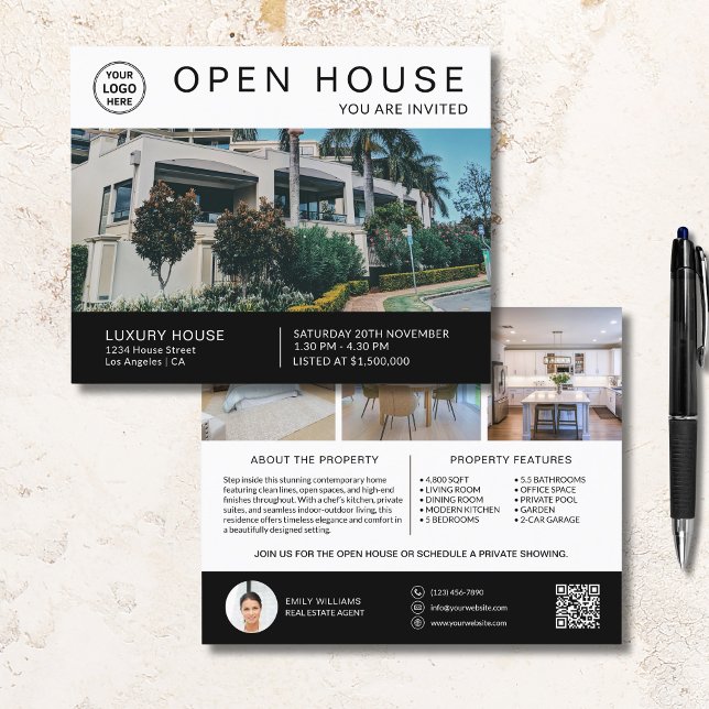 Real Gods Open House Inbjudan Logotyp Photo QR Whi Flygblad (Real Estate Open House Invite Logo Photo QR White Flyer)