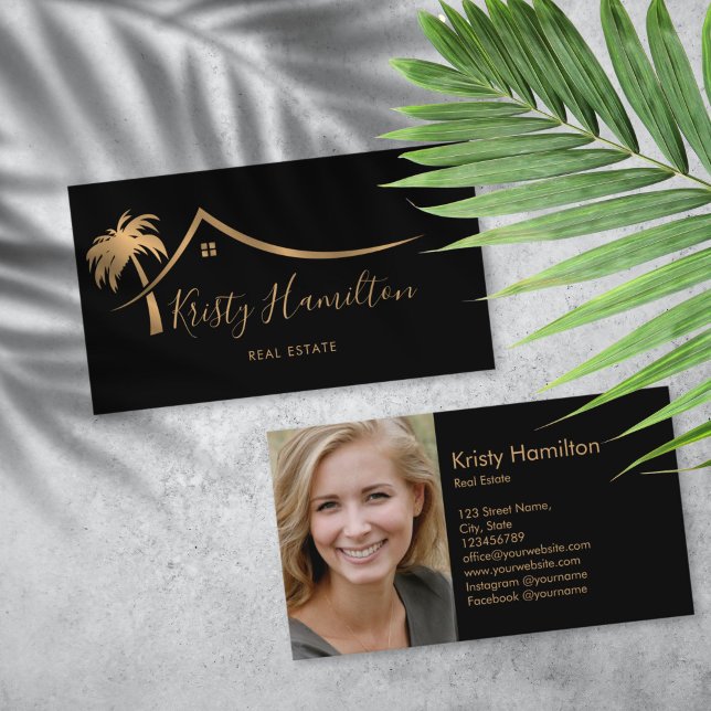 real gods professionell house-sfärerska lägg till  visitkort (gold palm tree house real estate logo business card)