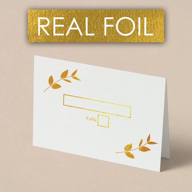 Real Gold Foil Löv Monogram Bröllop Place Card Folierat Kort (Real Gold Foil Leaves Monogram Wedding Place Card)