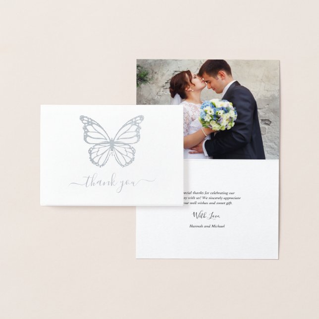 Real Silver Foil Butterfly Photo Bröllop Tack Folierat Kort (Display)