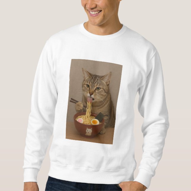 Realistic Funny Cat Eating Ramen | Graphic Tee Lång Ärmad Tröja (Framsida)