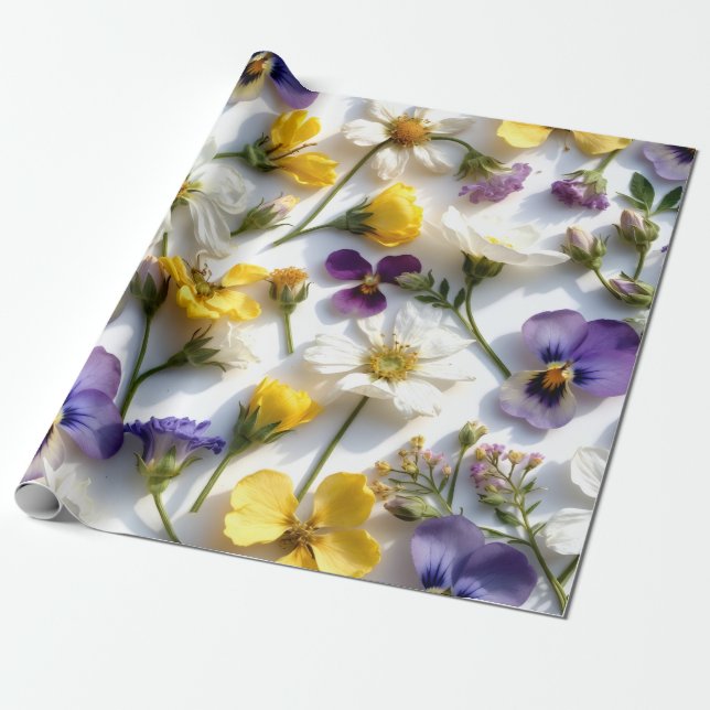 Realistic Pressed Flower Spring Gift Wrap Presentpapper (Utrullad)