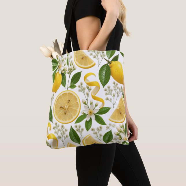Realistic Pressed Lemon & Botanical Floral Pattern Tygkasse (Närbild)