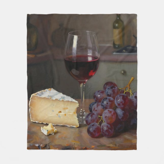 Realistic Red Wine Cheese Grapes Still Life Fleecefilt (Framsidan)