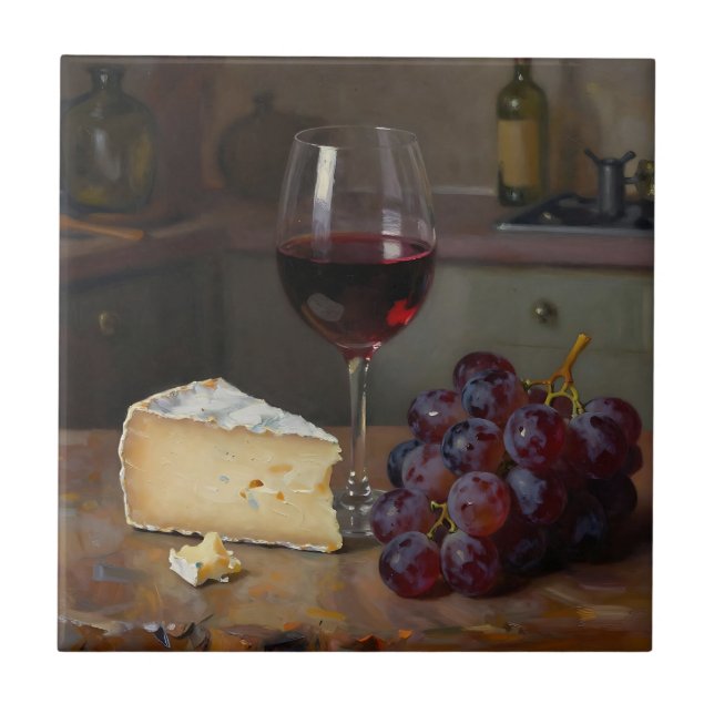 Realistic Red Wine Cheese Grapes Still Life Kakelplatta (Framsidan)