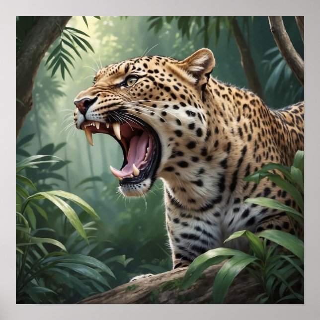 Realistic Roaring Leopard Wildlife Illustration Poster (Framsidan)