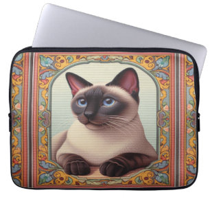 Realistisk Cute Siamese Cat Colorful Blommigt Grän Laptop Fodral