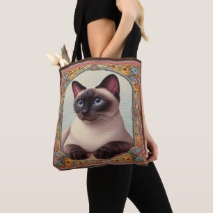 Realistisk Cute Siamese Cat Colorful Blommigt Grän Tygkasse