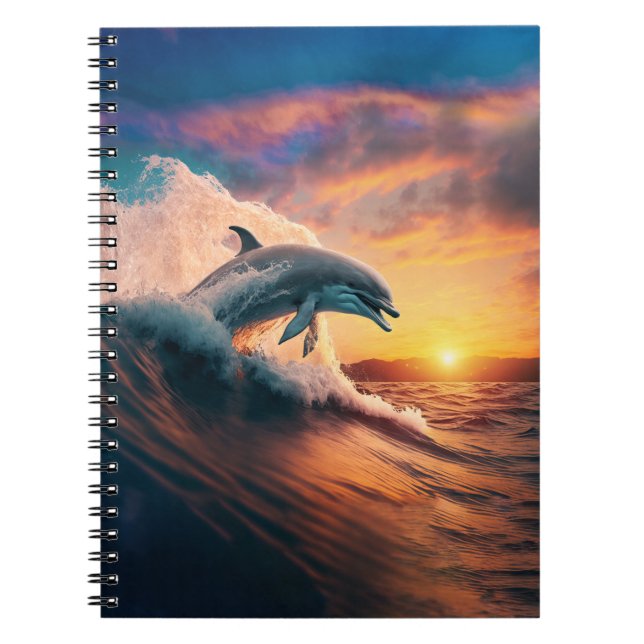 Realistisk dolfin Jumping Ocean Sunset Kids Vuxen Anteckningsbok (Framsidan)