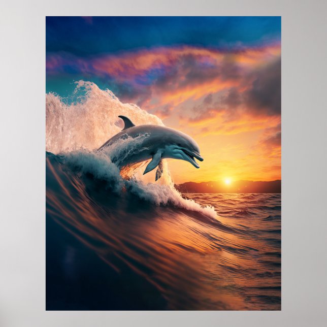 Realistisk dolfin Jumping Ocean Sunset Kids Vuxen Poster (Framsidan)