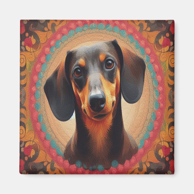 Realistisk färgfull Gräns Cute Dachshund Hund älsk Magnet (Framsidan)