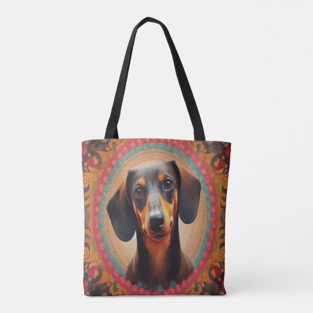 Realistisk färgfull Gräns Cute Dachshund Hund älsk Tygkasse (Baksida)