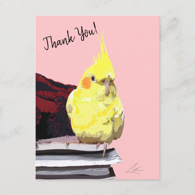 Realistisk gul cockatiel på böcker Modern rosa Vykort (Framsida)