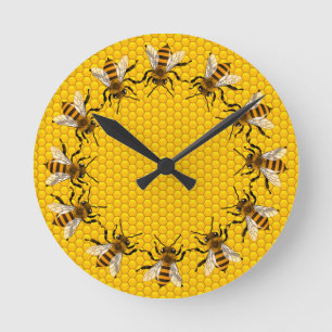 Realistisk honungsbin på Honeycomb Time Rund Klocka