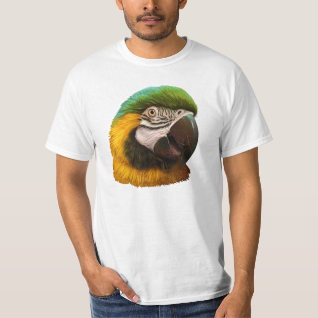 Realistisk målning för blått- och guldmacaw t shirt (Framsida)