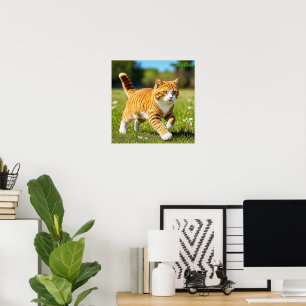 Realistisk orange tabbykatt i solig äng poster