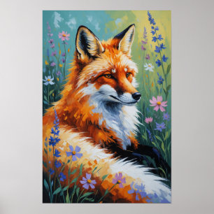 Realistisk rävporträtt i blomsteräng vilda djur poster