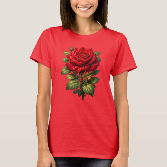 Realistisk röd ros med daggdroppar  t shirt (Framsida)