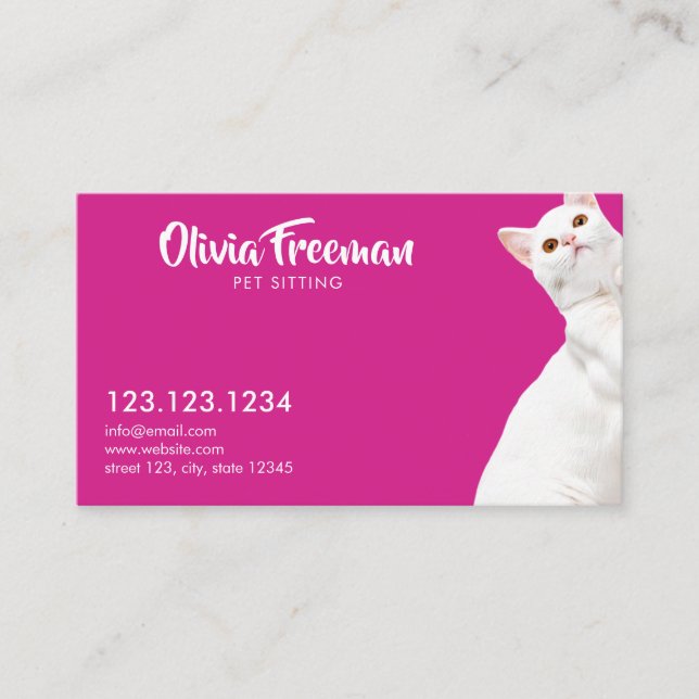Realistisk Rosa & Vit Katt Bild Husdjur Sittande Visitkort (Framsida)