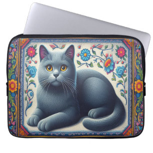 Realistisk rysk blå kattfärgad Blommigt Gräns Laptop Fodral