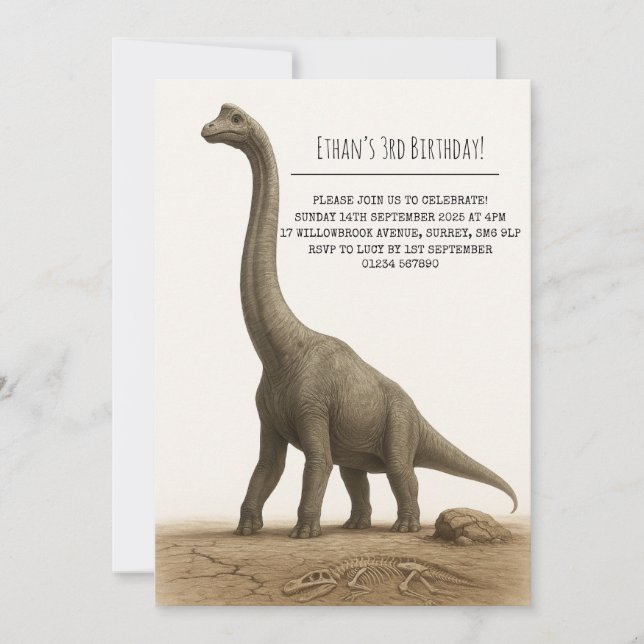 Realistisk Sauropod-Dinosaurie med Fossil Födelsed Inbjudningar (Framsida)