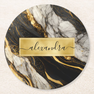 Realistisk svartvit marble Elegant Guld Modern Underlägg Papper Rund