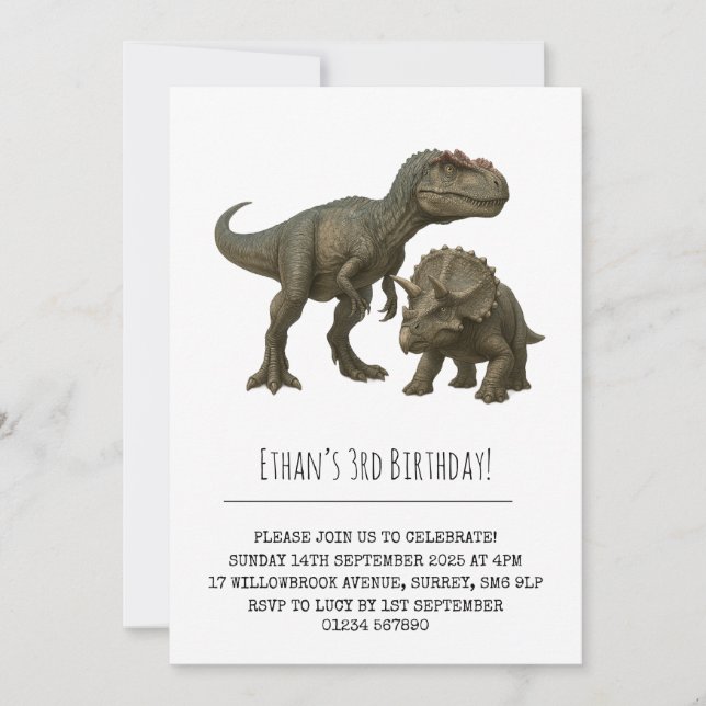 Realistisk T-Rex och Triceratops Dinosaur Birthday Inbjudningar (Framsida)