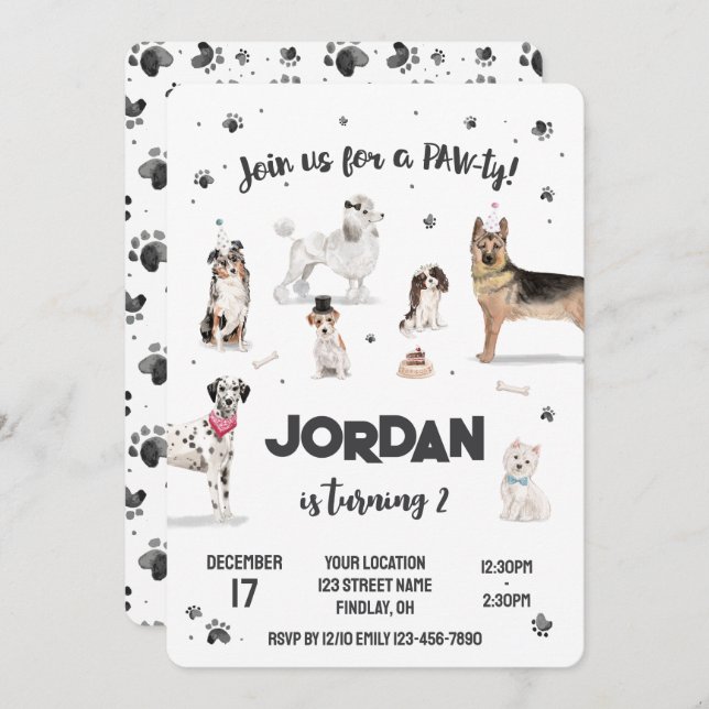 Realistisk vattenfärgsFödelsedagsfest i Hundar, al Inbjudningar (Fram/baksida)