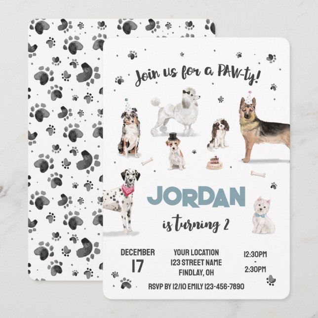 Realistisk vattenfärgsFödelsedagsfest i Hundar, al Inbjudningar (Fram/baksida)