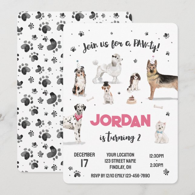 Realistisk vattenfärgsFödelsedagsfest i Hundar, al Inbjudningar (Fram/baksida)