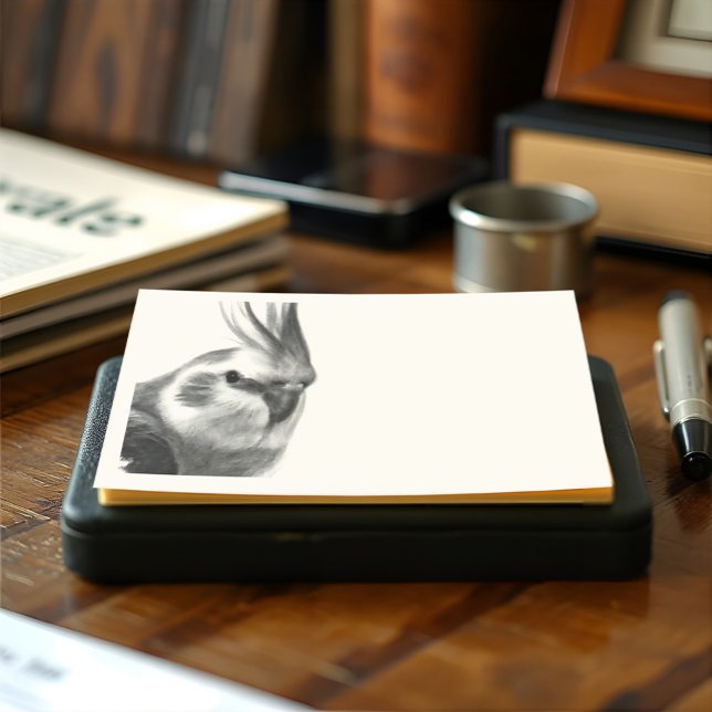 Realistiskt Cockatiel Porträtt Bird Illustration Post-it Block (Cockatiel notepad illustrated in realistic style. Monochromatic charcoal pencil on vintage white)