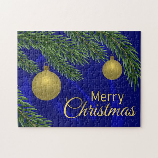 realistiskt julgran med gulddekan pussel (Horisontell)