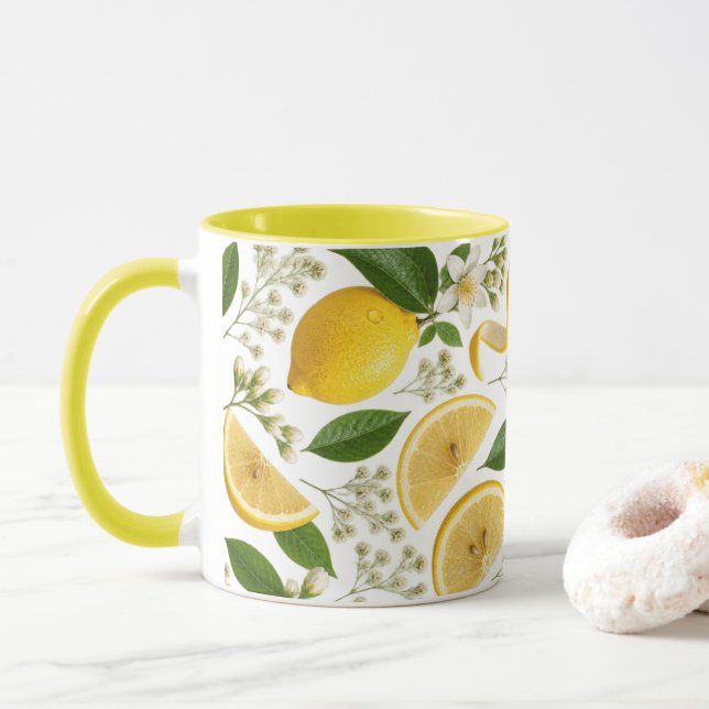 Realistiskt Pressat Citron & Botaniskt Blommönster Mugg (Med munk)