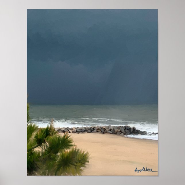 Realistiskt sjölandskap Delaware Beach Rain Poster (Framsidan)