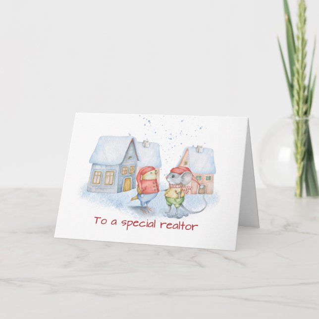 Realtor Cute Mouse och Bird Jul Tack Kort (Framsida)