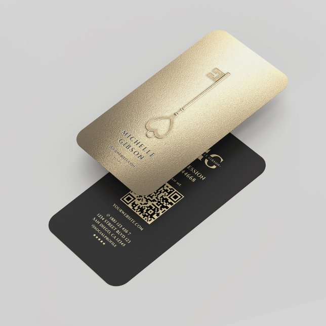 Realtor Faux Guld Nyckel Elegant Modern Monogram Visitkort (Realtor Black Gold Key Elegant Modern Monogram Business Card
)