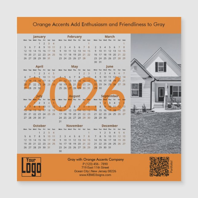 Realtor Gray Orange 2026 Calendar Magnet (Framsida)