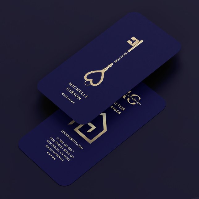 Realtor Guld Nyckel House Modern Midnight Blue Visitkort (Realtor Gold Key House Modern Midnight Blue Business Card
)