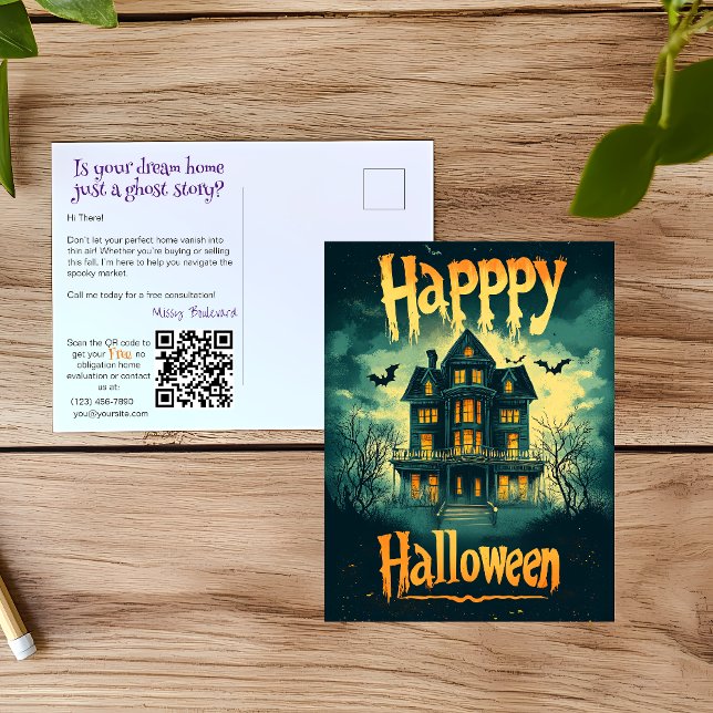 Realtor Halloween Haunted House Advertising Helg Vykort (Skapare uppladdad)
