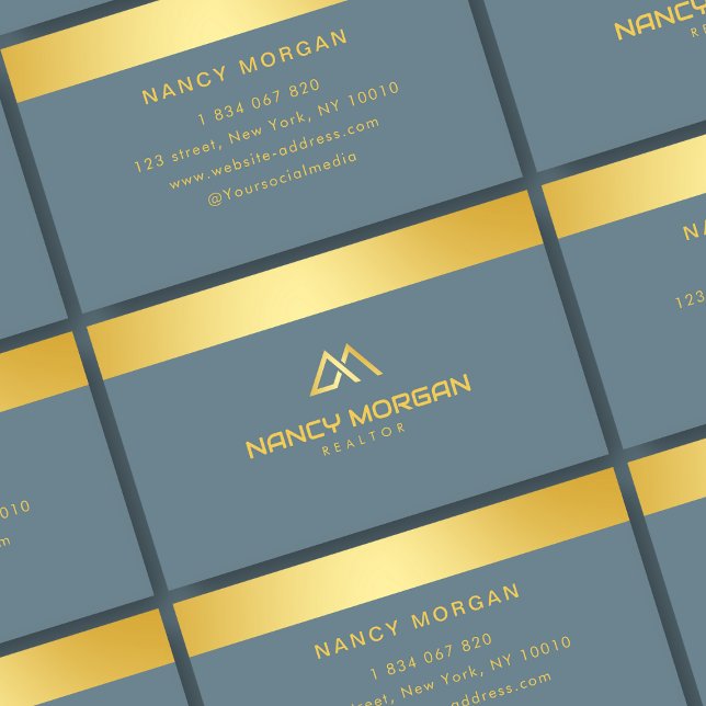Realtor House Logotyp Dusty Blue och Guld Visitkort (Skapare uppladdad)