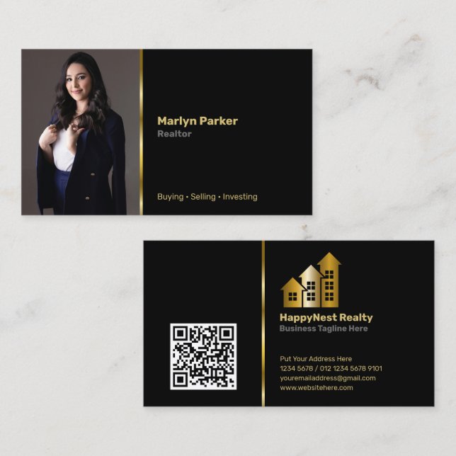 Realtor med personligt foto, QR-kod och Logotyp Visitkort (Fram/baksida)