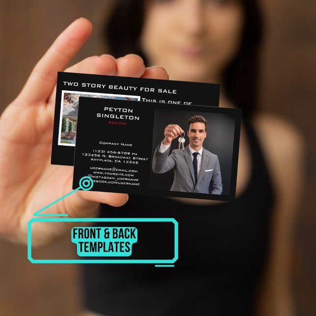 Realtor Modern Black med Home Photo Visitkort (Please enjoy our business card)
